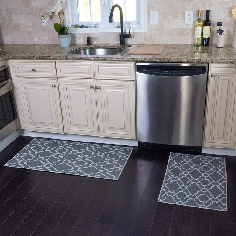 Geometric Graphic Design Non Skid Washable Kitchen Runner Rugs Set of 2| 44 x 24 and 31.5 x 20 Inches Floor Mats |Gray
