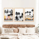 Black and Orange Surfing Art Prints. Bus, Palms, Surfboards by Wall Art Set