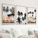 Black and Orange Surfing Art Prints. Bus, Palms, Surfboards by Wall Art Set