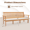 Outdoor 3-Seat Wood Bench with Seat Cushion and Slatted Seat-White
