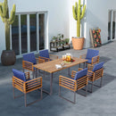 Outdoor Acacia Wood Patio Dining Chairs Set of 6 with Seat Back Cushions-Navy by LJGDeals