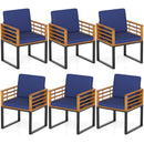 Outdoor Acacia Wood Patio Dining Chairs Set of 6 with Seat Back Cushions-Navy