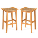 Outdoor Acacia Wood Bar Stools Set of 2 with PE Rattan Seats and Backrests by LJGDeals