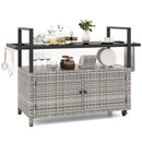 Outdoor Bar Cart Wicker Buffet Serving Cart with Cabinet and 8 Hooks-Black by DirectDeals
