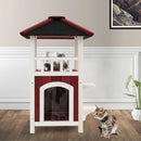 2-Story Wooden Cat House with Asphalt Roof Balcony and Rain Curtain-Red & White by LJGDeals