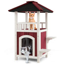2-Story Wooden Cat House with Asphalt Roof Balcony and Rain Curtain-Red & White by LJGDeals