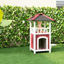 2-Story Wooden Cat House with Asphalt Roof Balcony and Rain Curtain-Red & White by LJGDeals