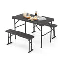 Outdoor Folding Table Bench Set w All-Weather HDPE Tabletop and Sturdy Metal Frame-Black by LJGDeals