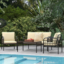 4 Pieces Outdoor Wicker Conversation Bistro Set with Soft Cushions and Tempered Glass Coffee Table-Beige by LJGDeals