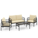 4 Pieces Outdoor Wicker Conversation Bistro Set with Soft Cushions and Tempered Glass Coffee Table-Beige by LJGDeals