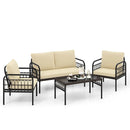 4 Pieces Outdoor Wicker Conversation Bistro Set with Soft Cushions and Tempered Glass Coffee Table-Beige by LJGDeals
