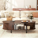 48" Mid Century Center Table with Sliding Fluted Doors and Open Compartment-Walnut by LJGDeals