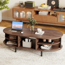 48" Mid Century Center Table with Sliding Fluted Doors and Open Compartment-Walnut by LJGDeals