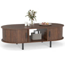 48" Mid Century Center Table with Sliding Fluted Doors and Open Compartment-Walnut by LJGDeals