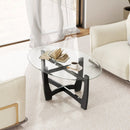 Oval Coffee Table with Tempered Glass Tabletop and Rubber Wood Legs-Black by DirectDeals