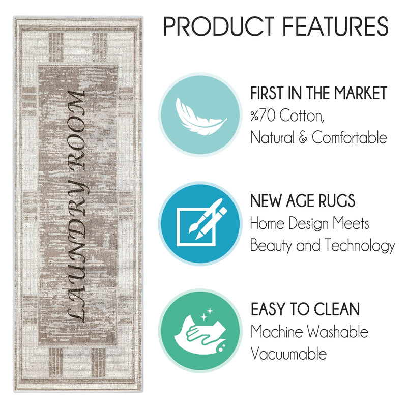 Non Skid Washable Laundry Room Rug Runner - 20" x 59" | Brown&Cream