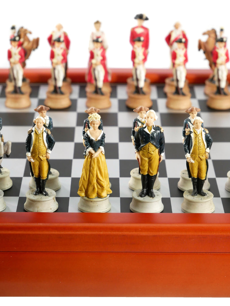 Chess Set - American Revolution Resin Chessmen on Cherry Stained Chest