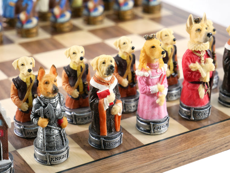 Chess Set - Cats & Dogs Resin Men on Walnut Maple Board