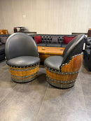 Whiskey & Wine Barrel Lounge Chair — Hidden Storage, Memory Foam, Black Upholstery