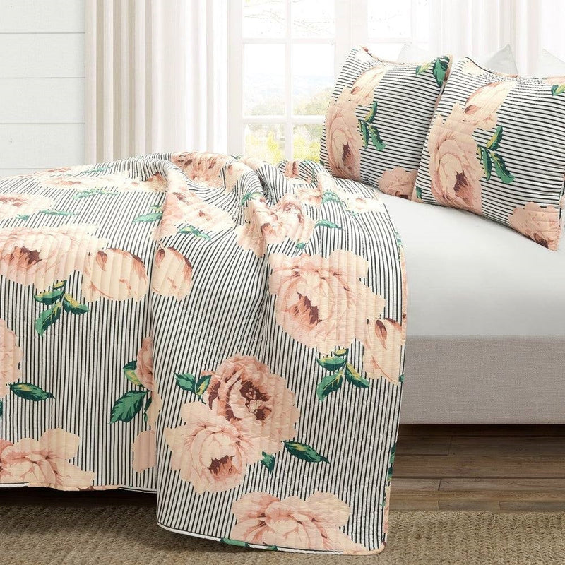 Full/Queen Size Polyester Black White Striped Rose Floral 3 Piece Quilt Set, photo 3 of 5