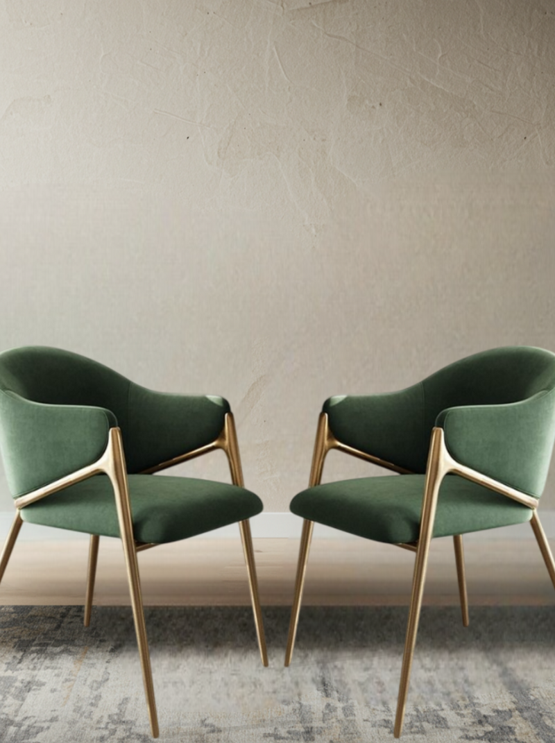 Set of 2 Gold Metal and Green Dining Chair, Postmodern Luxury Fabric Arm Chairs for Dining room, Kitchen