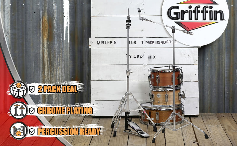 2-Pack Hi-Hat Stand & Cymbal Boom Stand Kit by GRIFFIN | Deluxe Chrome Hardware with Hi-Hat Pedal, Pull Chain & Double-Braced Legs | Counterweight Adapter for Crash, Ride, & Splash Cymbals