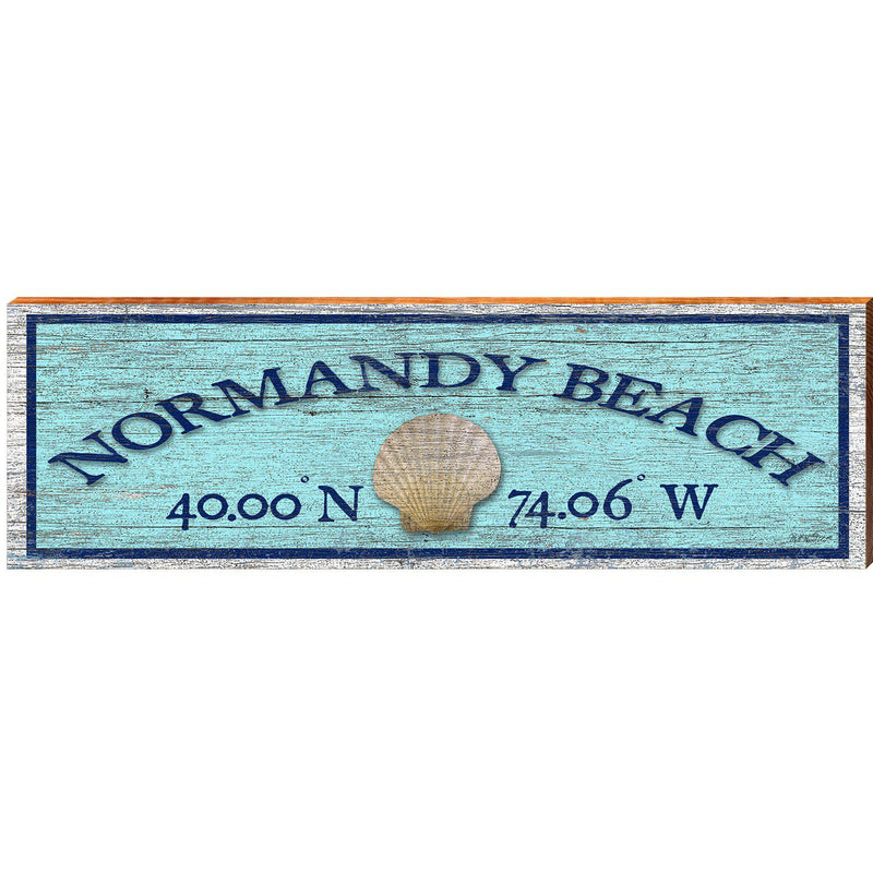 Normandy Beach Shell Blue Latitude Longitude | Wall Art Print on Real Wood