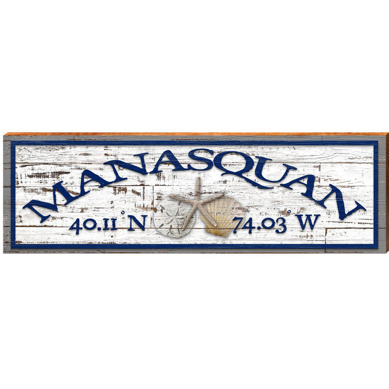 Manasquan Triple Shells White Shabby Latitude Longitude | Wall Art Print on Real Wood