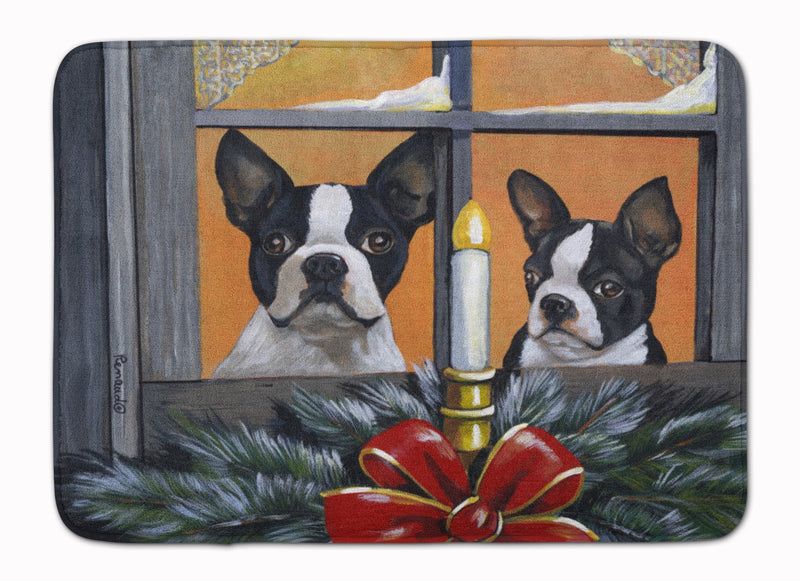 Boston Terrier Looking for Santa Christmas Machine Washable Memory Foam Mat PPP3248RUG