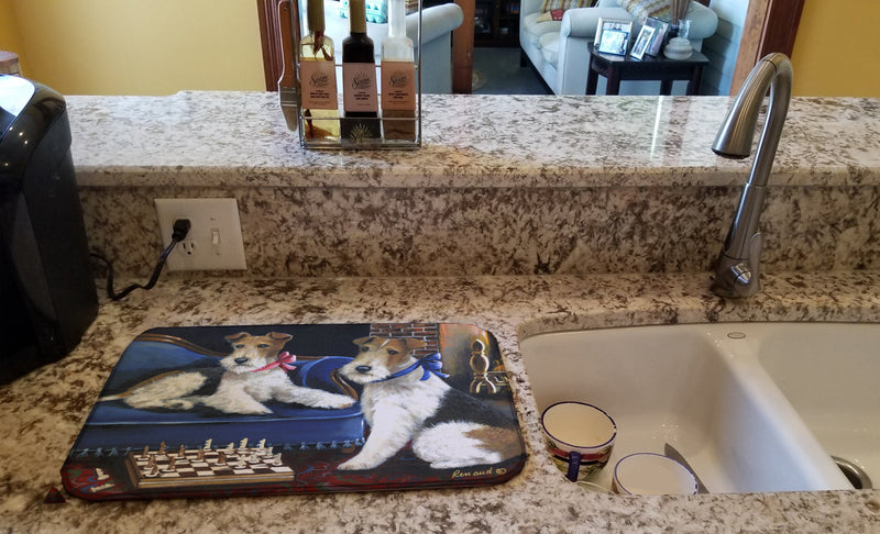 Fox Terrier Checkmates Dish Drying Mat – Absorbent, Artistic Kitchen Essentials PPP3261DDM