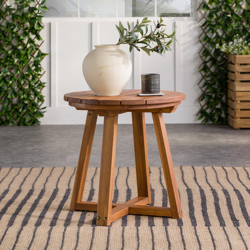 Prenton Modern Solid Wood Slat-Top Outdoor Round Side Table