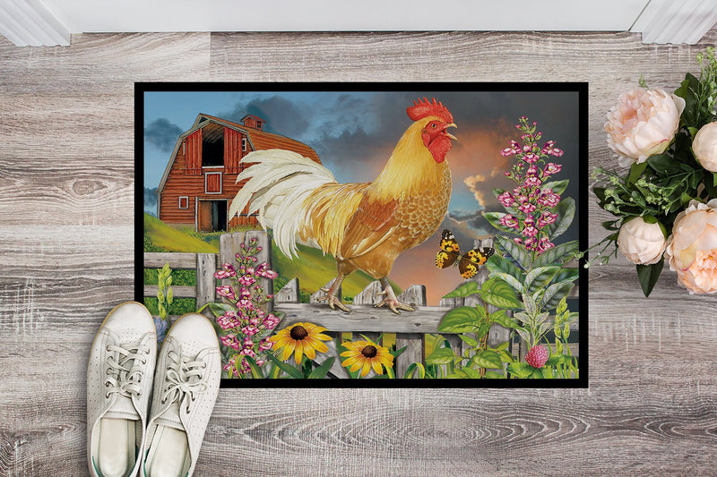 Yellow Rooster Greeting the Day Indoor or Outdoor Mat 24x36 PRS4024JMAT