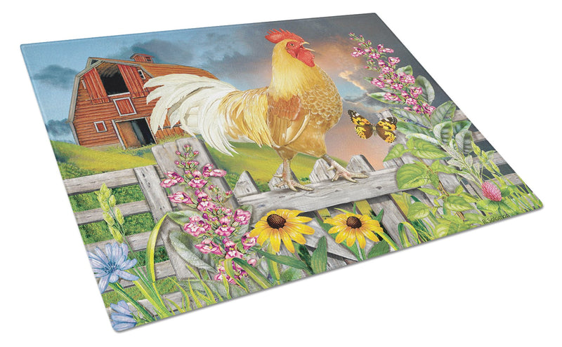 Yellow Rooster Greeting the Day Glass Cutting Board Large PRS4024LCB