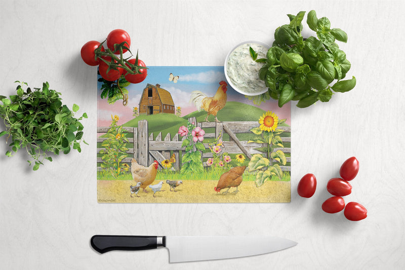 Rooster On Fence Glass Cutting Board Large PRS4037LCB