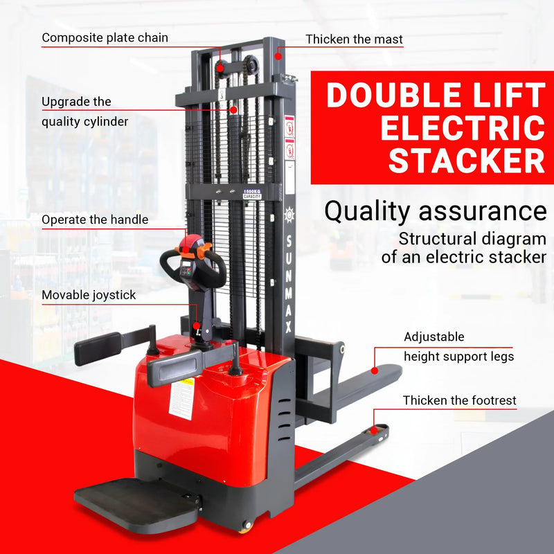PS3300FE-3M Fulll-Electric Pallet Stacker, 3300 lbs Capacity, 118" Lifting Height, Works with Open-bottom Pallets