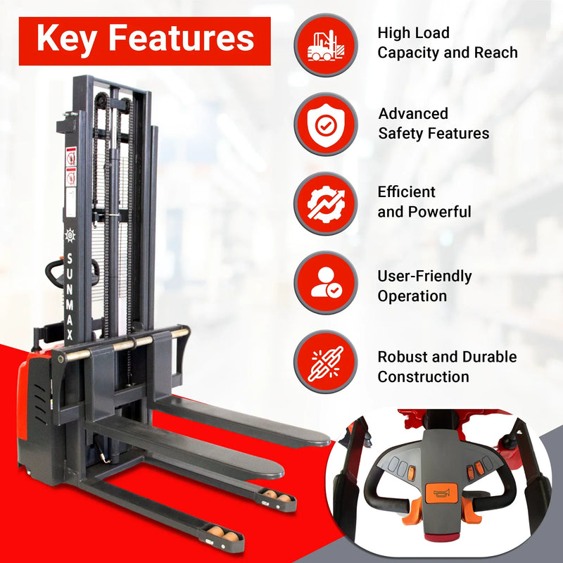 PS3300FE-3M Fulll-Electric Pallet Stacker, 3300 lbs Capacity, 118" Lifting Height, Works with Open-bottom Pallets