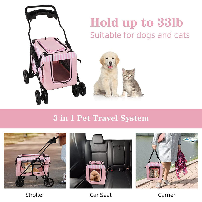 3-in-1 Folding Pet Stroller Travel Pet Gear Stroller with Detachable Carrier Bag & Water Cup Holder, Pink