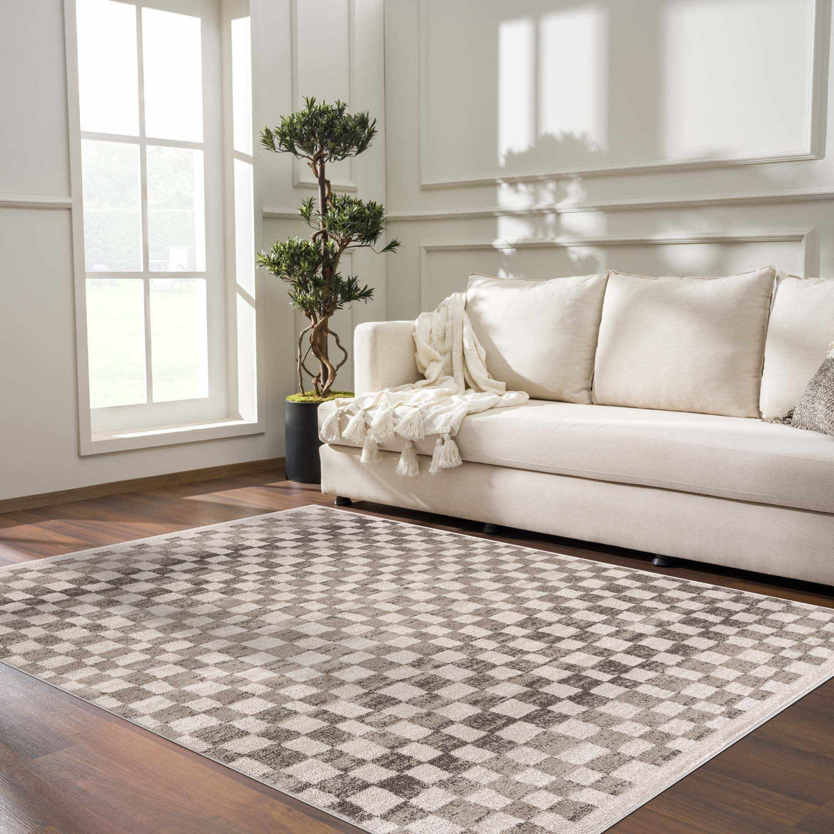 Benjy Beige Checkered Area Rug, installed in a room