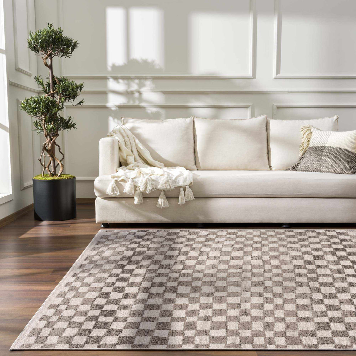 Benjy Beige Checkered Area Rug, installed in a room