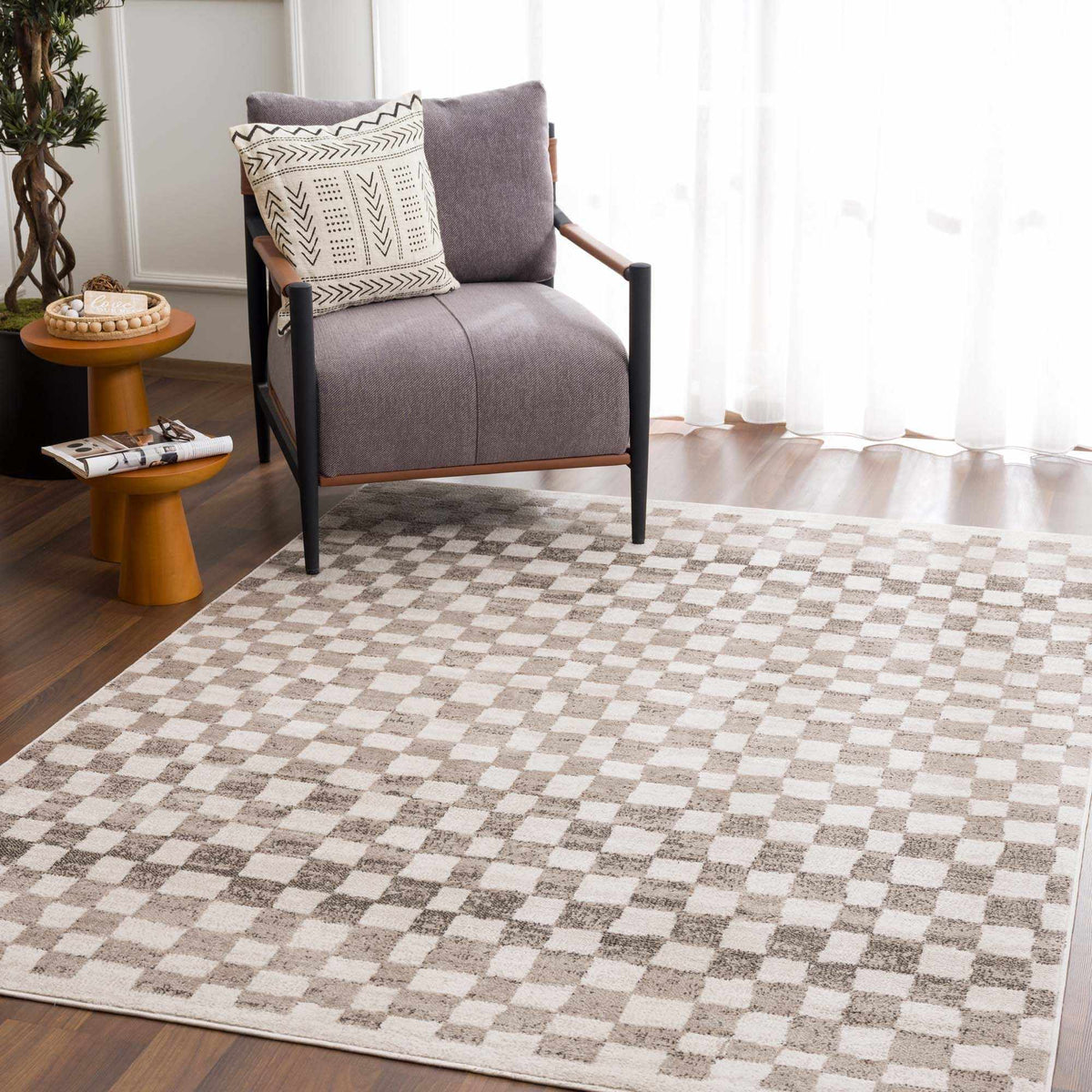 Benjy Beige Checkered Area Rug, installed in a room