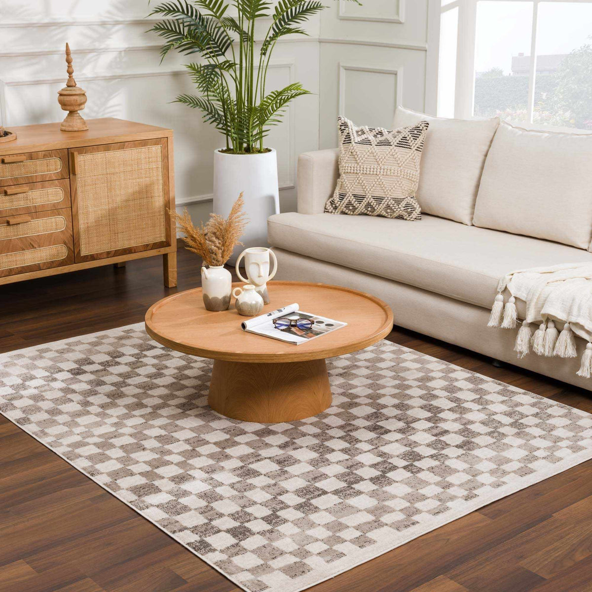 Benjy Beige Checkered Area Rug, installed in a room