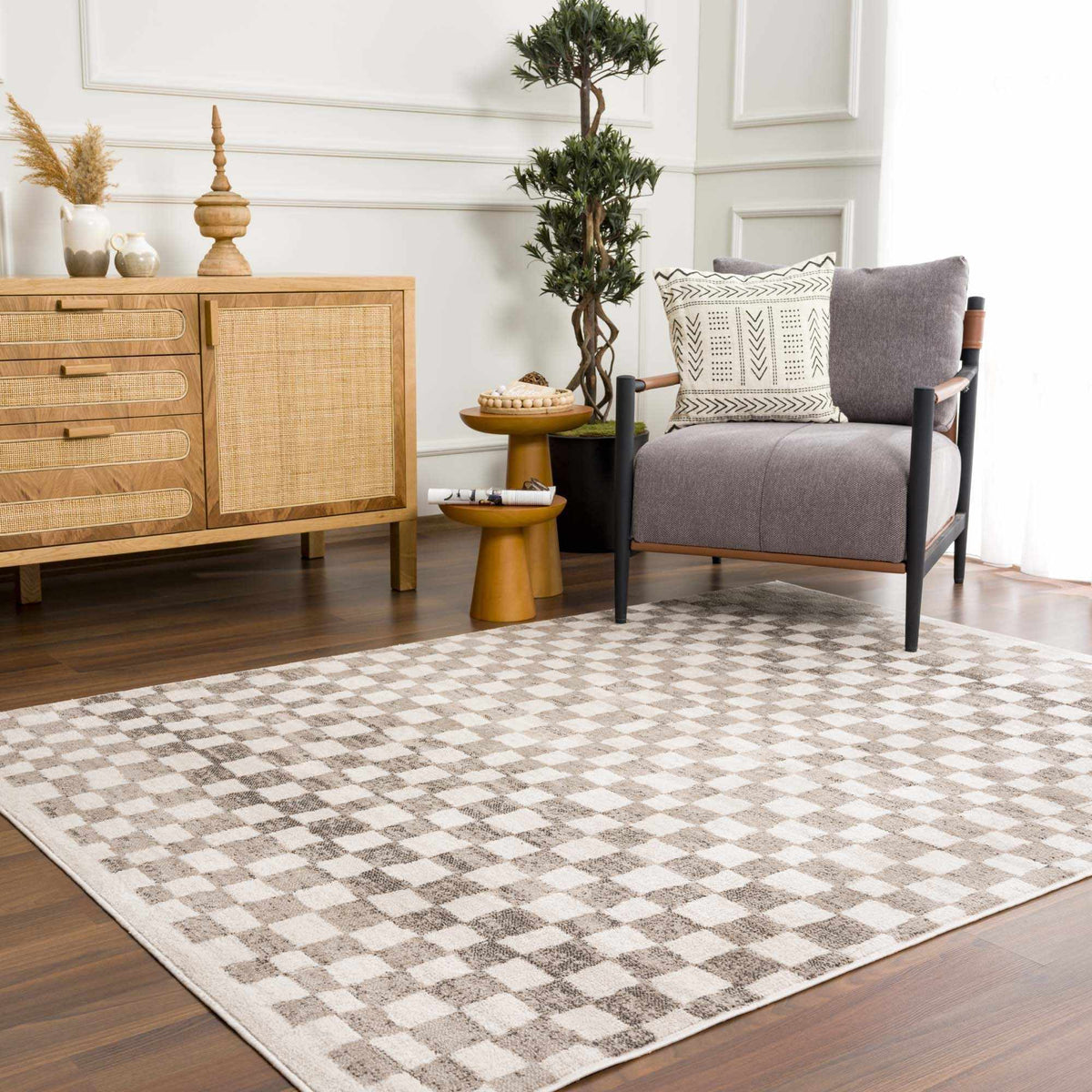 Benjy Beige Checkered Area Rug, installed in a room