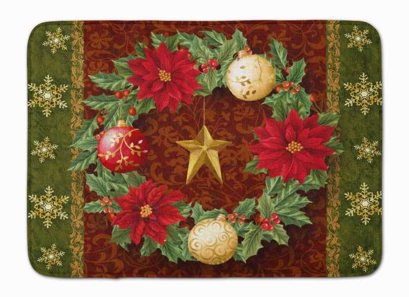 Holly Wreath with Christmas Ornaments Machine Washable Memory Foam Mat PTW2007RUG