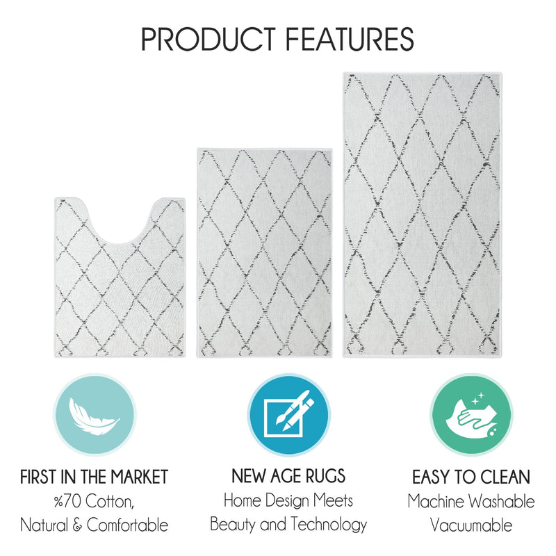 Moroccan Trellis Design 3 Piece Bathroom Rugs Set | Ivory