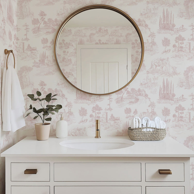 Pastoral Romance - Pale Pink Toile Landscape Wallpaper