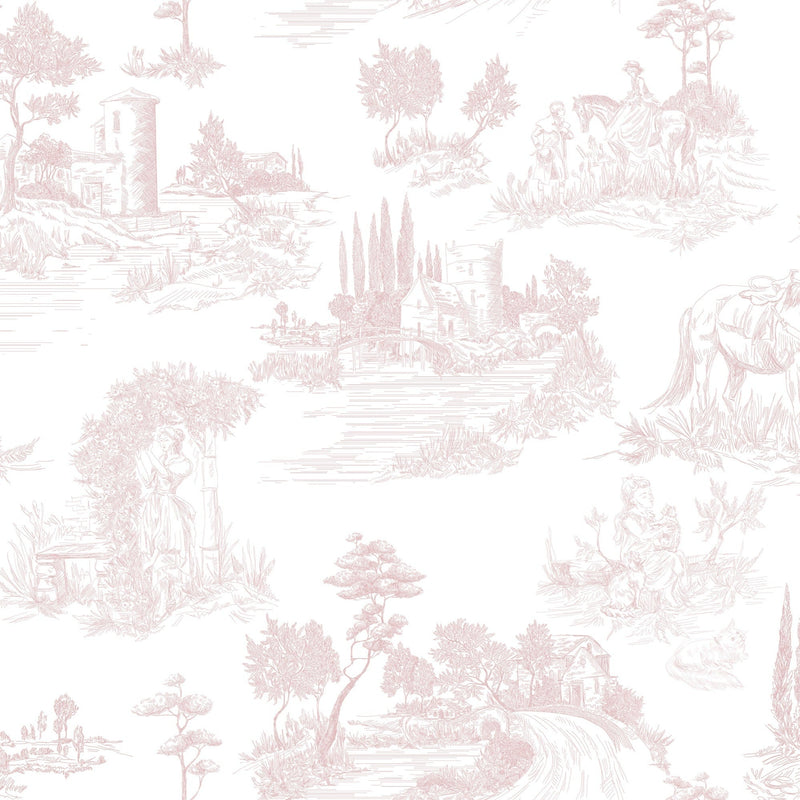 Pastoral Romance - Pale Pink Toile Landscape Wallpaper