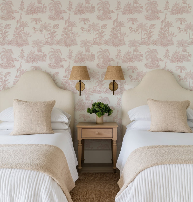 Pale Pink Safari Toile Wallpaper