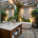 Outdoor bathroom with stone walls, wooden pergola, and garden setting. Palia White Dolomite 2"x4" Brick Split Face on 12" x 12" Mesh Mosaic Tile