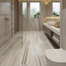 Modern bathroom with wooden tiles, shower, sink, and toilet. Palissandro 12"x24" Polished Marble Tiles