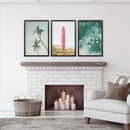 Pink Surfboard Wall Art. Pastel Beach, Waves, Tropical Palms by Wall Art Set